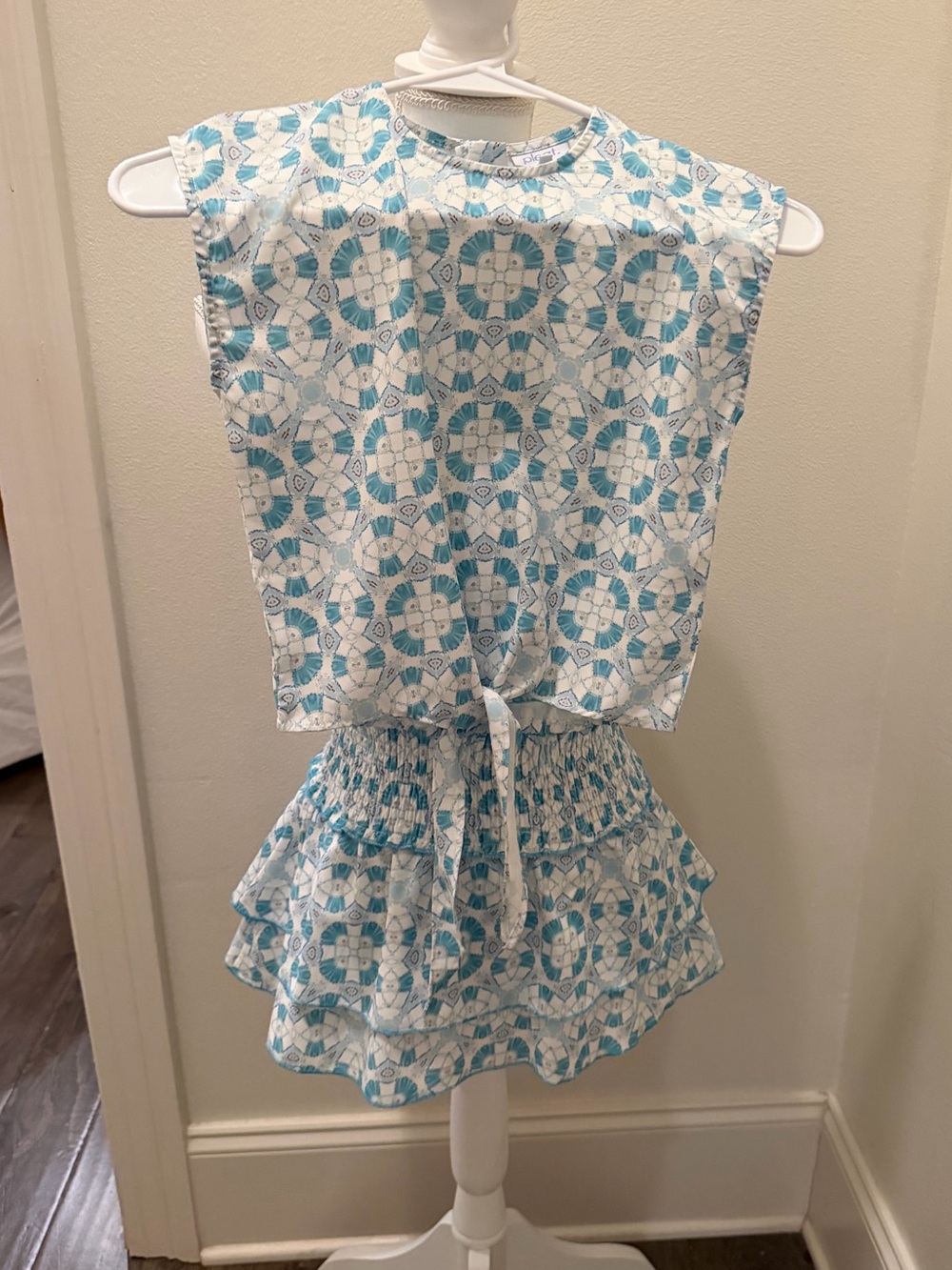 Pleat. Girls' Blue Geo Print Tie-Waist Blouse and Skirt